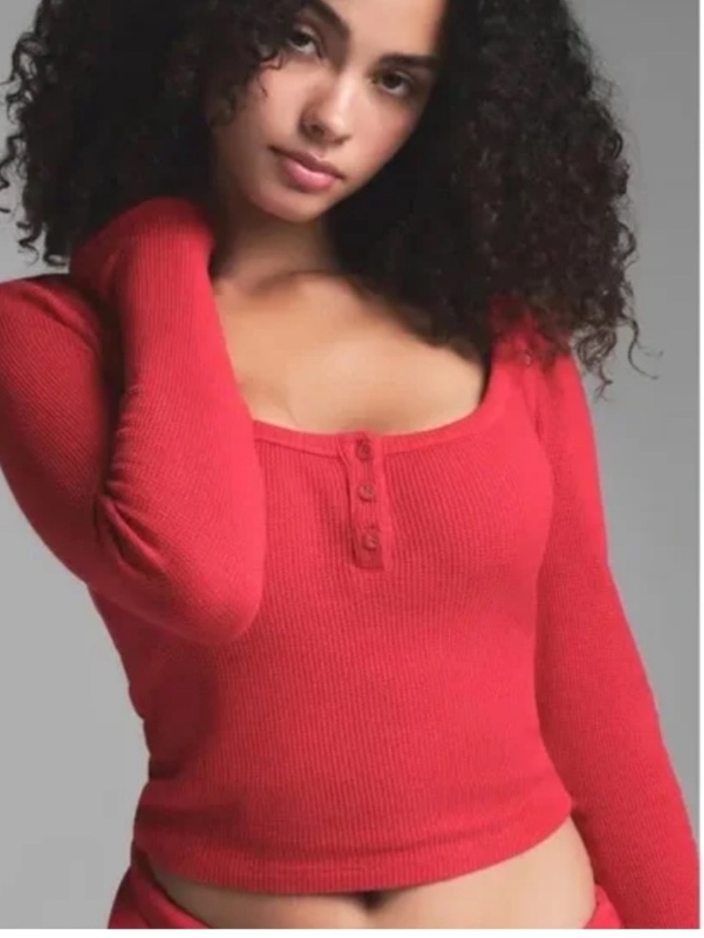 Skims Top Womens Size large Red Long Sleeve Scoop Neck Ribbed waffle cranberry